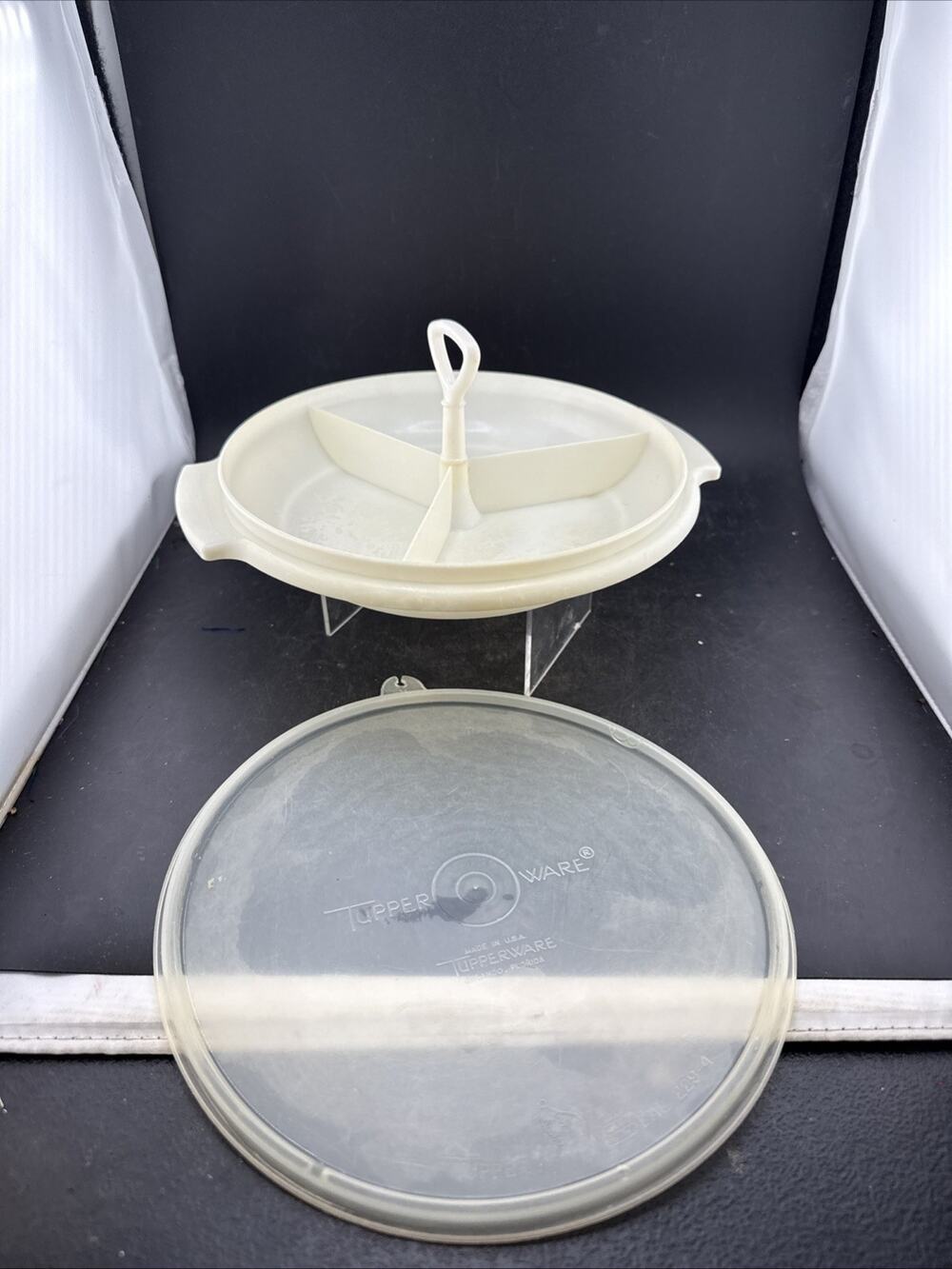 Vintage Tupperware White Suzette Divided Relish Serving Tray with Handle 608-12